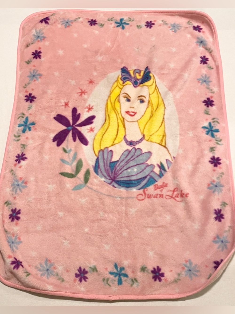 VTG 2003 Barbie of Swan Lake Pink Fleece Baby Blanket Odette Y2K Rare